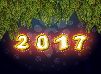 2017 with lamps fir branches. Luminous signboard. Vintage shiny lettering bulbs. garland for Christmas and New Year. Retro pointer with light bulb. Glowing number