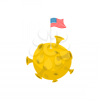 America flag on moon. USA banner on yellow planet. Astronomy illustration