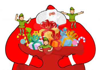 Santa Claus with big sack of gifts.  Christmas elf helpers. Red bag with toys and sweets. Character for new year. Postcard and poster for winter holiday. Fairy old man with large white beard and littl