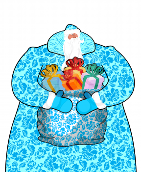 Santa Claus in Russia (Ded Moroz). Father Frost costume painting gzhel national pattern. Big bag with gifts. Full blue sack ornament folk texture. Christmas character. Illustration for new year
