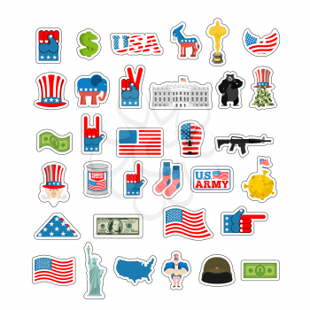 USA Sticker set. National sign of America. American flag and Statue of Liberty. White House and  dollar. Map of United States. Uncle Sam and moon. Elephant and donkey. Eagle and baribal bearl. traditi