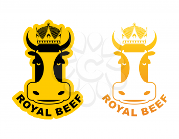 Royal Beef logo. Cow in crown. Logo for production of meat. Excellent quality and taste of food. Meal for king