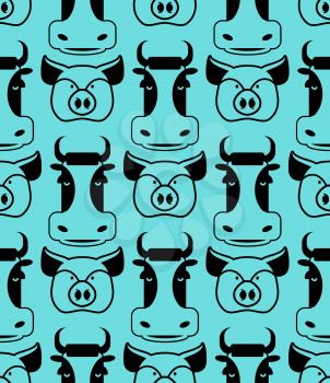Cow and pig seamless pattern. head of boar and bull ornament. Pork and beef texture. Cute farm animals. Retro background for childrens fabric