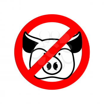 Stop pork. Prohibited animal meat. Crossed-out pig head. Emblem against meat. Red prohibition sign. Ban bacon

