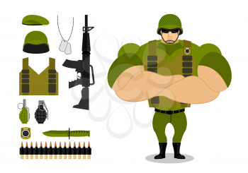 Soldiers and weapons. Set of military ammunition for war. Army collection. Armed forces. Big strong troops. Vest and rifle. Grenade and machine-gun belts. Knife and green beret