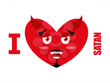 I love Satan. Symbol of heart and devil with horns. Red Demon. Prince of darkness and underworld. Lucifer Boss. Religious and mythological character, supreme spirit of evil. Diablo Lord of Hell.