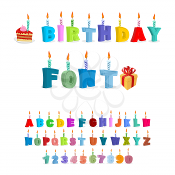 Birthday ABC. holiday font for postcards. letters and candles. Celebratory alphabet

