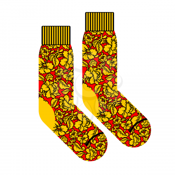 Socks for patriot of Russia. Clothing accessory Russian national pattern khokhloma. Traditional folk costumes of Russian people