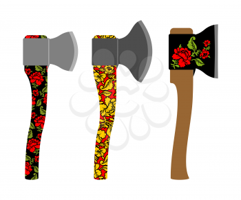 Axe  traditional  Russian  pattern of colors - khokhloma. Weapons with Metal Blade. Carpenters tool.