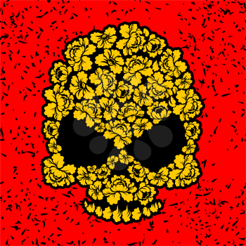 Skull with roses. Flower skull in grunge style. Yellow flowers and red background. brush Spray
