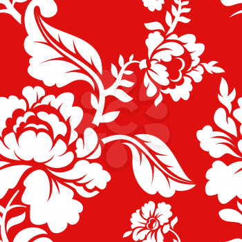 White rose on red background traditional Russian ornament Khokhloma. Floral seamless pattern. Vintage Flora texture. Floral background