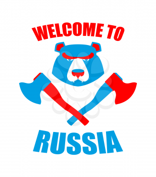 Welcome to Russia. Emblem of angry head bear and axe. Bladed weapons with traditional Russian ornament khokhloma. Aggressive animal