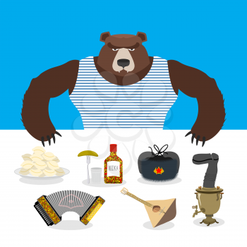 Russian Bear sells souvenirs. Russian traditional national symbols. Accordion and balalaika. Dumplings and a samovar. Vodka and earflaps
