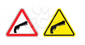Warning sign of attention weapon. Dangers yellow sign gun. Magnum on red triangle. Set of road signs against firearms. Attention revolver
