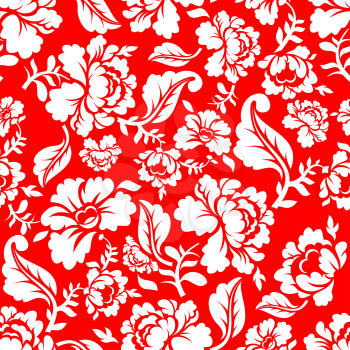 White rose on red background traditional Russian ornament Khokhloma. Floral seamless pattern. Vintage Flora texture. Floral background