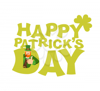 Happy St.Patrick 's Day emblem lettering. Leprechaun winks. Dwarf with red beard thumbs up. Irish elf emotions. Holiday in Ireland
