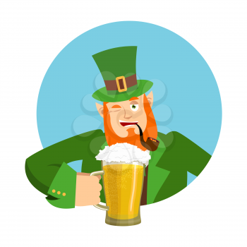 Happy St.Patrick 's Day. Leprechaun and mug beer. Dwarf with red beard mug ale. Holiday in Ireland