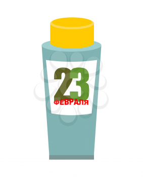 Tube Shaving Gel. Traditional gift for Day of Defenders of Fatherland. Military holiday in Russia. Russian text: February 23
