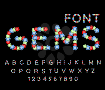 Gems font. Precious stones ABC. Treasures of alphabet. Letters from ruby ​​and sapphire
