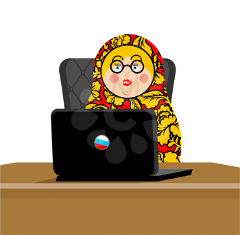 Russian hacker. Matryoshka and laptop. IP technology in Russia. Traditional folk toy. Nested doll 
