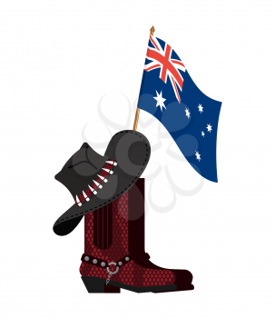 Australia flag and Australian hat and crocodile skin boots. Cowboy cap and python leather shoes. Western clothes and rodeo shoe