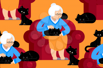 Cat lady pattern. Grandmother and cat sitting on chair pattern. granny ornament . grandma and pet background. old woman and animal. gammer and Beast texture
