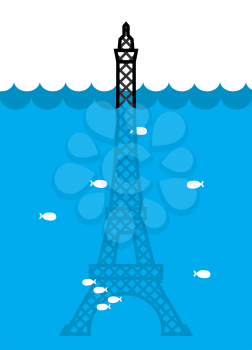 Eiffel Tower Flood. deluge in Paris. Plenty of water and fish. Disaster

