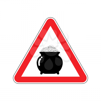 Attention leprechaun gold. Pot of golden coins on red triangle. Road sign Caution for holiday in Ireland. St.Patricks Day
