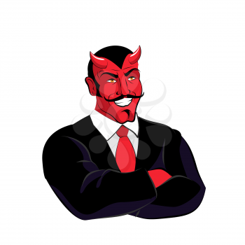 Satan boss. Devil businessman in black suit. Red demon with horns
