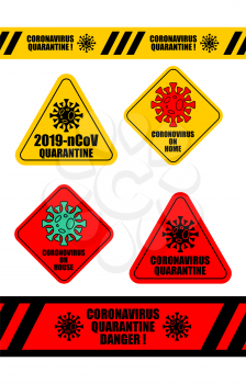 Coronavirus Quarantine Tape and sticker set. Virus 2019-nCoV on home. Pandemic. Global epidemic disease. Sign isolation period. Deadly disease of 21st century