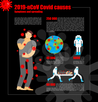 Coronavirus infographics 2019-nCoV covid causes. Earth and number of sick and dead. Substitute statistics numbers. Pandemic virus . Global epidemic disease 