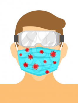 Man in medical mask and safety glasses. Isolation from coronavirus. Quarantine from the virus. Pandemic.