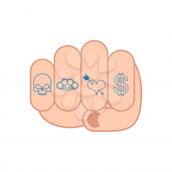 Fist with tattoo on fingers. Skull and brass knuckles. Heart and dollar
