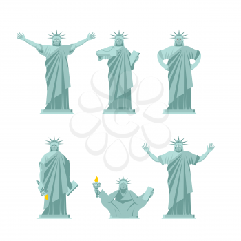 Statue of Liberty set poses. Attractions america set of movements and emotions. Cheerful and evil. Surprised and sad. Winks and yoga. Sculpture Architecture of USA.