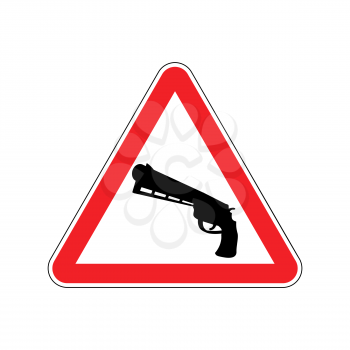 Attention crime. Gun in red triangle. Road sign Caution Weapon

