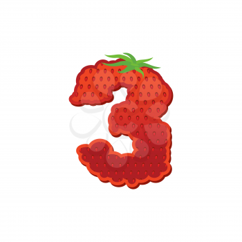 Number 3 Strawberry font. Red Berry lettering three alphabet. Fruits ABC
