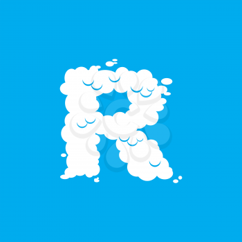 Letter R cloud font symbol. White Alphabet sign on blue sky