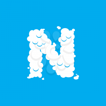 Letter N cloud font symbol. White Alphabet sign on blue sky