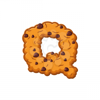 Q letter cookies. Cookie font. Oatmeal biscuit alphabet symbol. Food sign ABC
