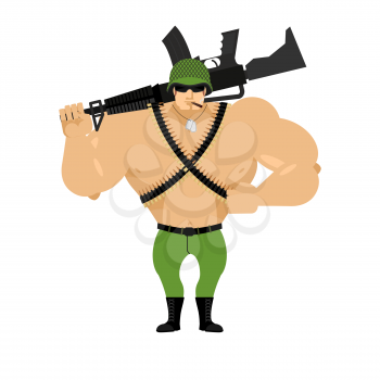 Soldier and rifle on his shoulder. Warrior with gun. Military man in helmet. Machine-gun belt