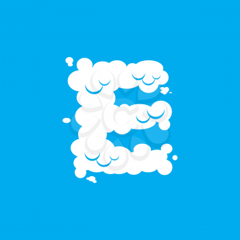 Letter E cloud font symbol. White Alphabet sign on blue sky