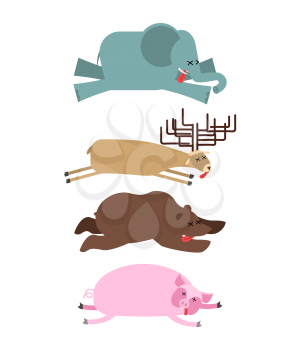 Dead animals set 2. Elephant and deer. Bear and pig. animal is death. Corpse of Beast