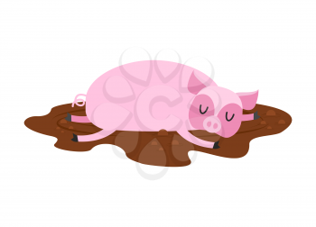Sleeping pig in mud. Farm Animal is sleeping. Sleepy piggy in puddle
