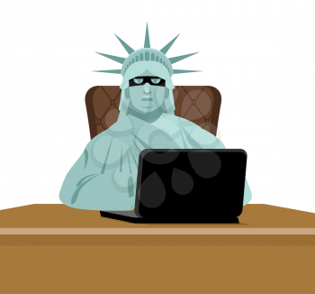 American hacker. computer thief from USA. Statue of Liberty in mask and  laptop. Hacking database. Cyber criminal
