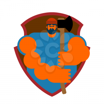 Woodcutter logo. Lumberjack sign. lumberman symbol. feller with beard and axes.
