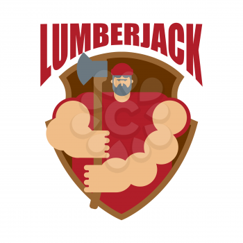 Woodcutter logo. Lumberjack sign. lumberman symbol. feller with beard and axes.
