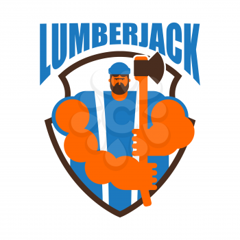 Lumberjack logo. Woodcutter sign. lumberman symbol. feller with beard and axes.
