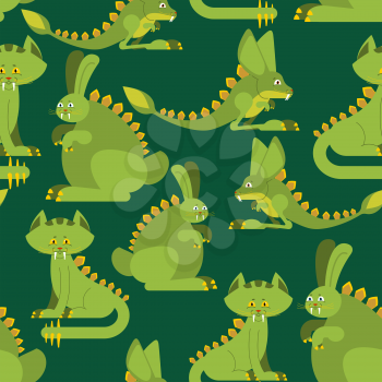 Prehistoric rabbit dinosaur seamless pattern. Dino cat ornament. Raptor jerboa monster texture. Background for childrens cloth. Jurassic Animals Set
