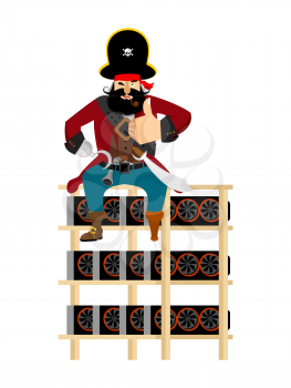 Mining farm and pirate. filibuster on Mining rig. illegal extraction of virtual money.  illicit circulation of crypto currency. Vector illustration