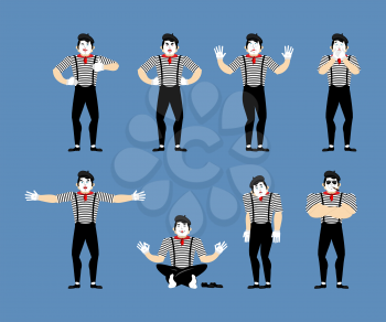 Mime set. Pantomime sad and yoga.  bewildered and angry. Mimic happy winks and thumb up. Vector illustration
